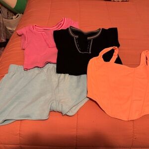 Women’s XS Ribbed Crop Tops and Shorts Set - Pink, Black, Peach, Light Blue